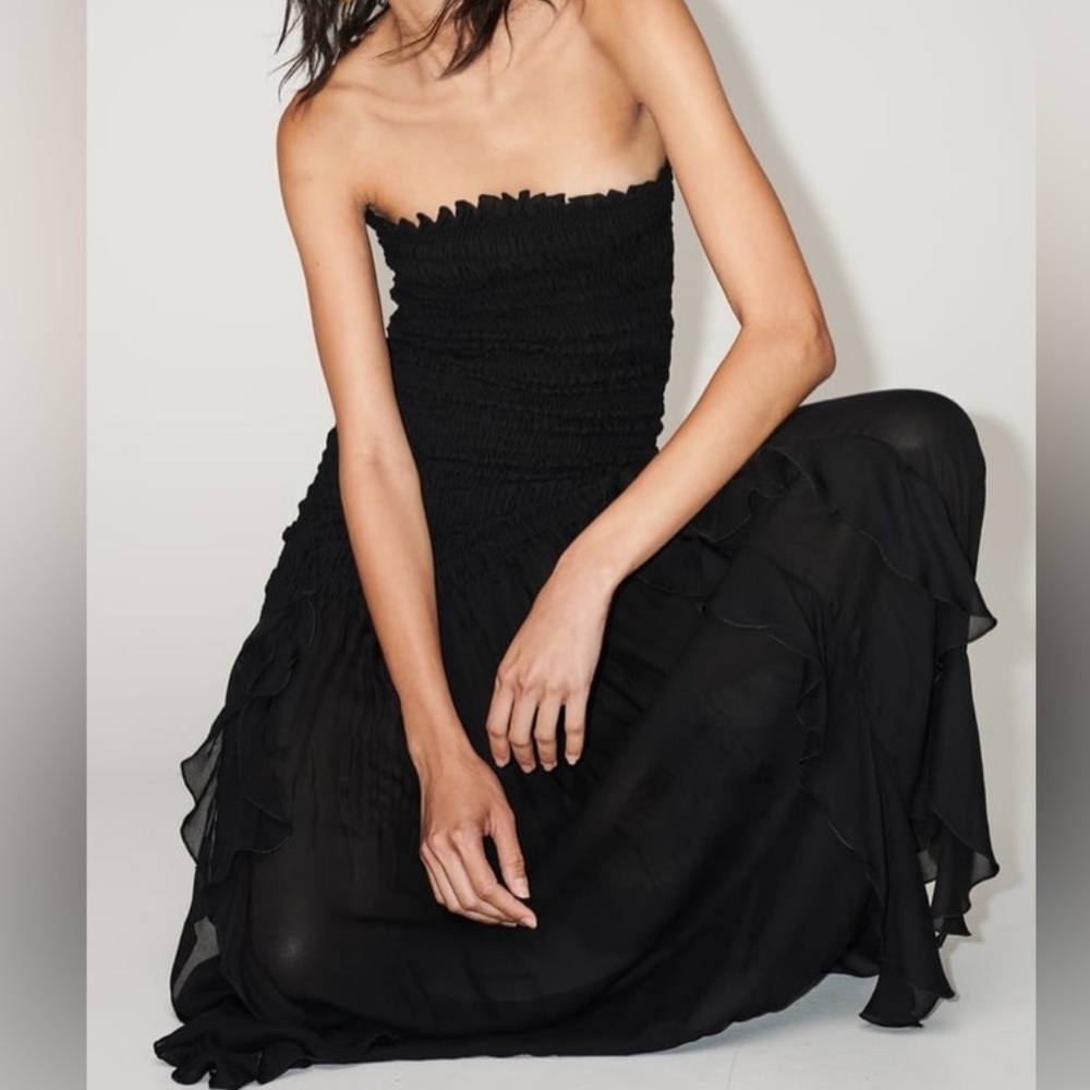Zara Black Strapless Dress - Smocked / Ruched Gown - XS